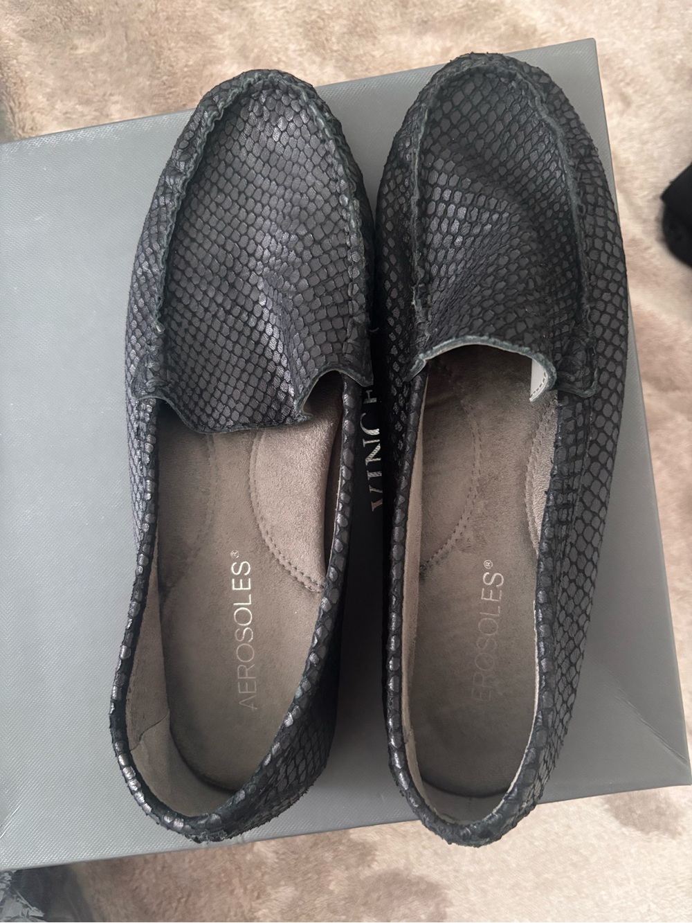 AEROSOLES Black Snake-Embossed Slip-On Loafers